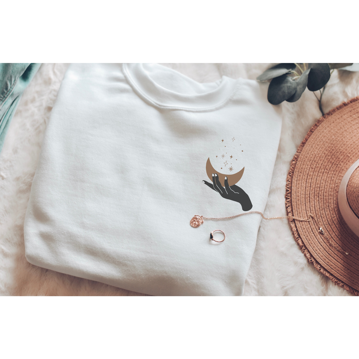 Boho Hand Holding Moon and Stars Crewneck Sweatshirt